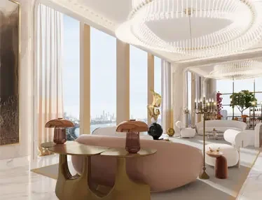 Living room with orange sofa and wooden partition